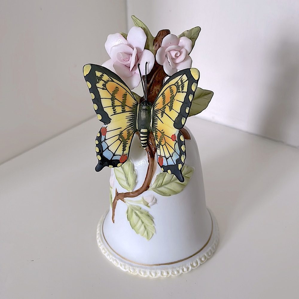 Lefton, hand painted, bisque, bell w/ butterfly, flowers, branches, and leaves!